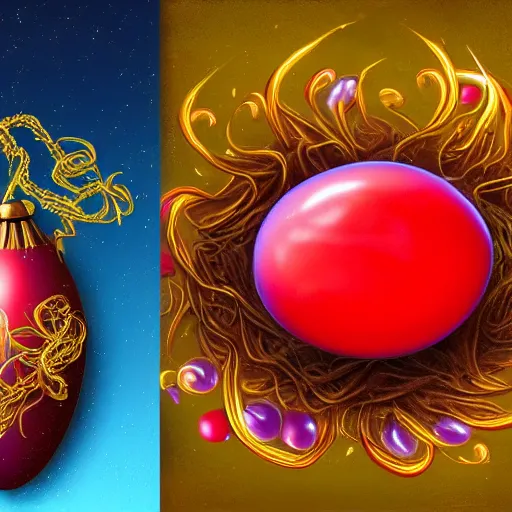 Image similar to an elaborate glowing red and blue egg emerging from the blossom of a metallic gold flower with tendrils of gold wrapping around the egg, magic eggplant, fantasy concept art