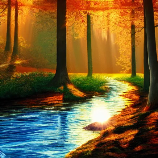 Image similar to forest, sun rays, with a river sparkling oil painting 4 k