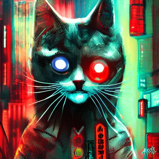 Prompt: cat with red eyes, cyberpunk city, highly detailed painting, digital art, masterpiece, award winning, vivid colors
