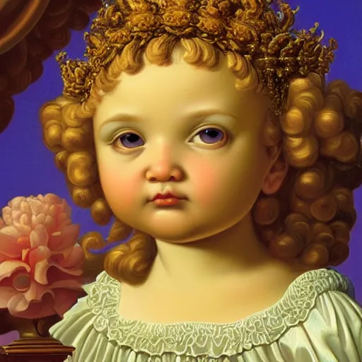 Prompt: baroque rococo painting of a cherub portrait greg hildebrandt mark ryden high detail