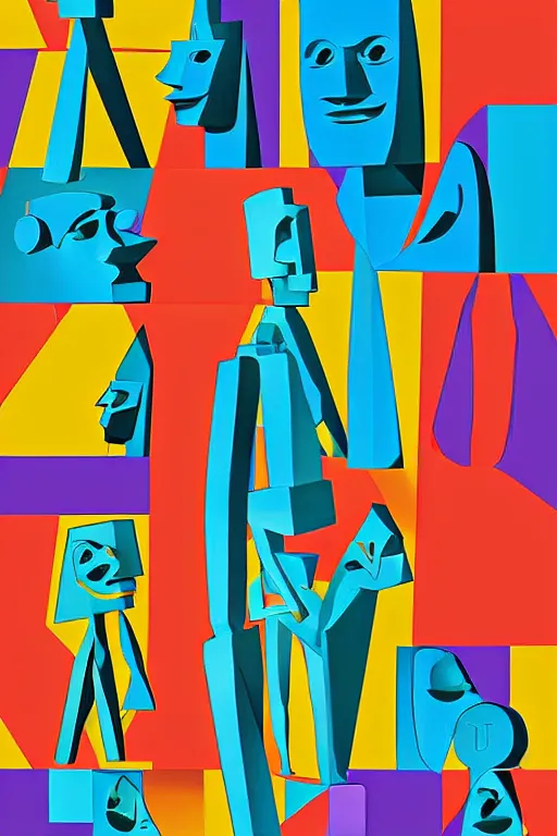 Image similar to cubist moai statue cutout digital illustration cartoon colorful beeple