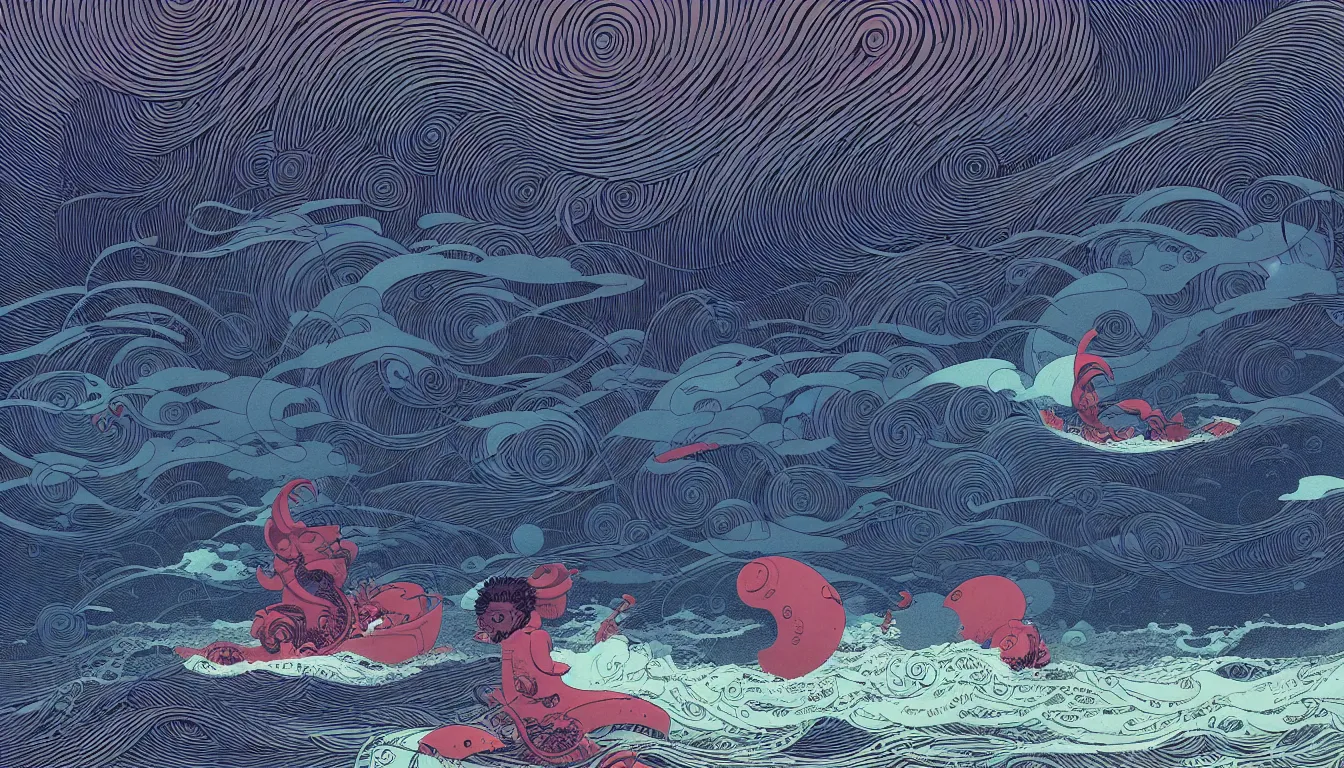 Image similar to storm at sea by balmy enso, jamie hewlett, nicolas delort, moebius, victo ngai, josan gonzalez, kilian eng