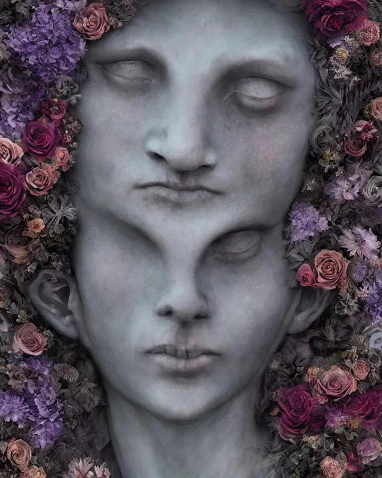 Prompt: a digital painting of the face of a gothic cemetery statue made of mist and flowers, cinematic lightning, Andrew Ferez, Charlie Bowater, Marco Mazzoni, Seb McKinnon, Ryohei Hase, Alberto Seveso, Kim Keever, trending on cgsociety, featured on zbrush central, new sculpture, mystical