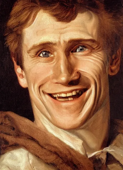 Image similar to portrait painting of young willem dafoe with stubble smiling warmly, renaissance oil painting, studious chiaroscuro