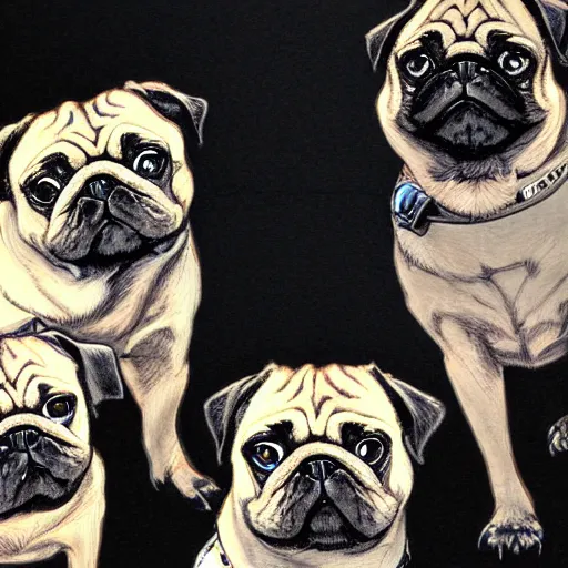 Image similar to self portrait showing family of pugs by yoji shinkawa, extra details, colored, 4 k, dynamic lighting