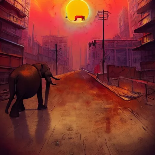 Image similar to elephant in a post apocalyptic city where the sky is on fire