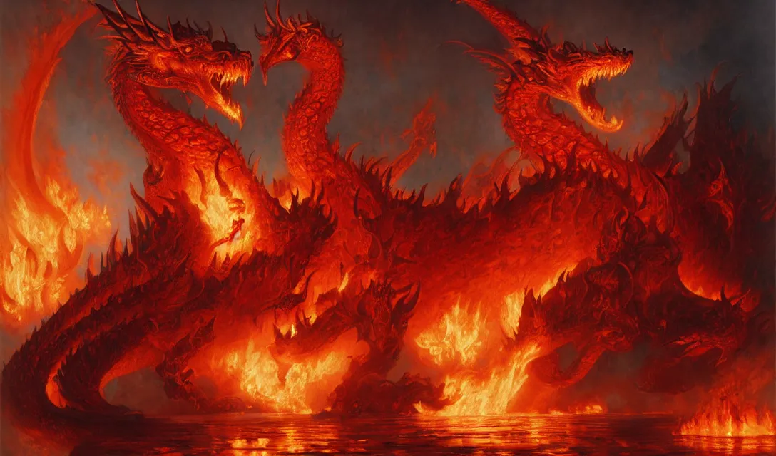 Prompt: a huge attractive flame dragon in hell. highly detailed painting by gaston bussiere, craig mullins, j. c. leyendecker, 8 k