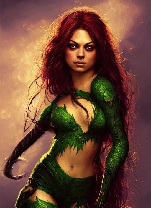 Prompt: A beautiful portrait of Mila Kunis as Poison Ivy from Batman movie, digital art by Eugene de Blaas and Ross Tran, vibrant color scheme, highly detailed, in the style of romanticism, cinematic, artstation, Greg rutkowski