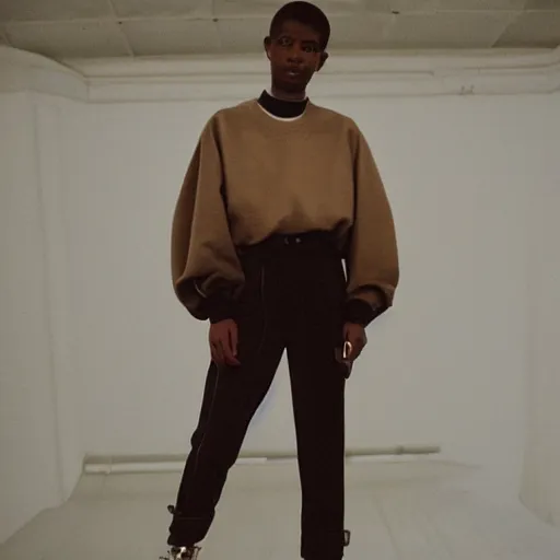Image similar to realistic photoshooting for a new acne studio lookbook, color film photography, close up, interesting perspective, photo of a woman, photo in style of tyler mitchell, 3 5 mm, vetements, balenciaga, commes des garcon
