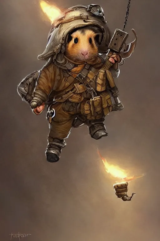 Prompt: cute little anthropomorphic Guinea Pig Paratrooper parachuting, tiny, small, short, Army ranger outfit, cute and adorable, pretty, beautiful, DnD character art portrait, matte fantasy painting, DeviantArt Artstation, by Jason Felix by Steve Argyle by Tyler Jacobson by Peter Mohrbacher, cinematic lighting