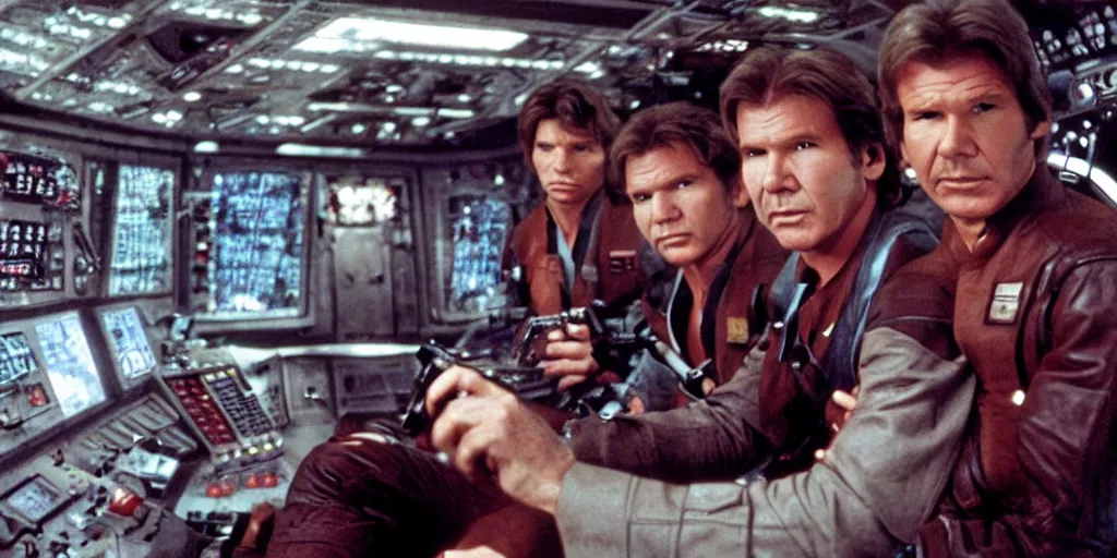 Image similar to a full color still of the control bridge of a spaceship with a middle-aged Harrison Ford as Han Solo standing in the middle, dressed in an admirals uniform, cinematic lighting, 1999, directed by Steven Spielberg, 35mm