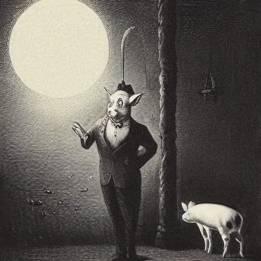 Prompt: pig in a tuxedo, illustration by Gustave Doré, high detail, eerie, barn, creepy, dark, night, misty, moon, chiaroscuro, film noir