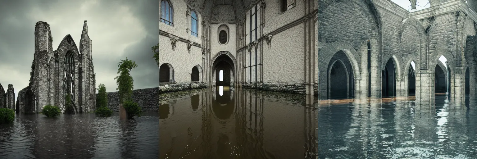 Prompt: environment art of a flooded abbey, architecture art, octane render,