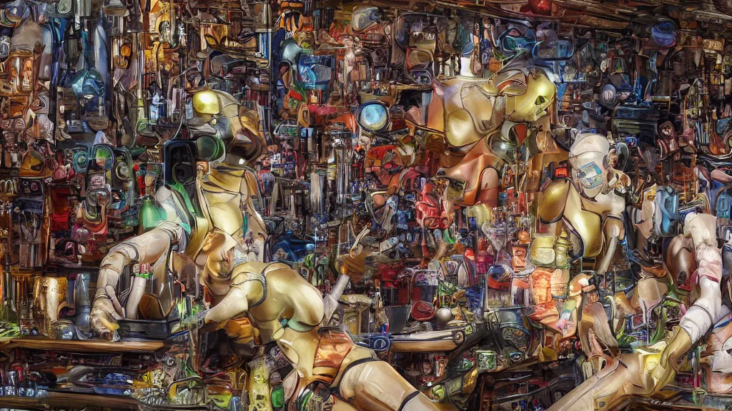 Prompt: robots drinking alcohol, inside a bar, vibrant colors, hyper-realistic, extreme detail, sharp photo, beautiful, cinematic 4K, by Sorayama