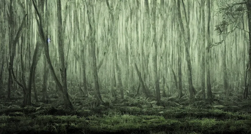 Image similar to A dense and dark enchanted forest with a swamp, by burns jim