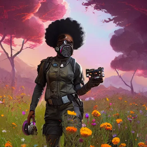 Image similar to a young black girl with afro puffs wearing a gas mask in a field of flowers, Apex Legends character, digital illustration portrait design, by android jones and greg rutkowski, retrowave color scheme, detailed, cinematic lighting, wide angle action dynamic portrait