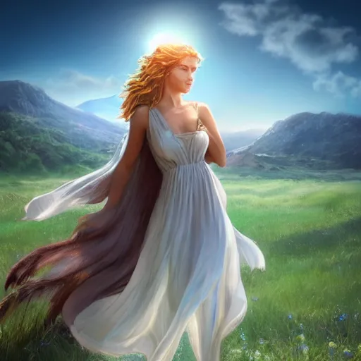 Prompt: a radiant greek mythology goddess walking in a beautiful field, mountains in the distance, medium shot, jewelry, crown, confident, gorgeous, stunning, dramatic lighting, detailed, very realistic, trending on Artstation, Cgsociety