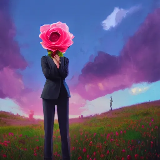 Prompt: closeup, giant rose flower over head, frontal, girl in a suit, surreal photography, sunrise, blue sky, dramatic light, impressionist painting, digital painting, artstation, simon stalenhag