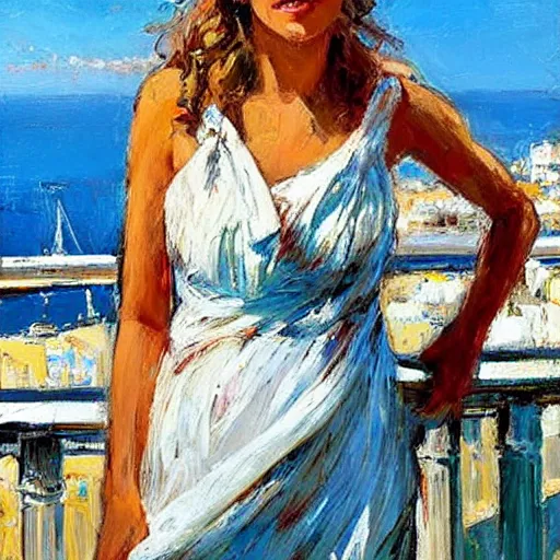 Image similar to the maiden standing on the balcony overlooking the aegean sea by andrew atroshenko