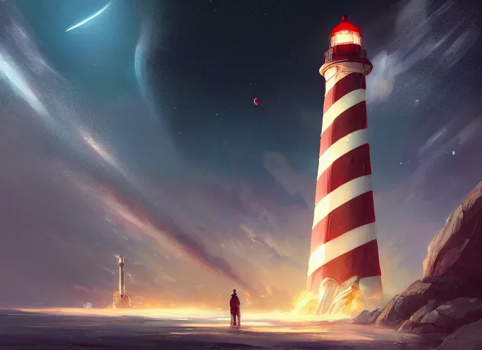 Image similar to a lighthouse in space, meteors, air shot, elegant, digital painting, concept art, smooth, sharp focus, illustration, from StarCraft by Ruan Jia and Mandy Jurgens and Artgerm and William-Adolphe Bouguerea