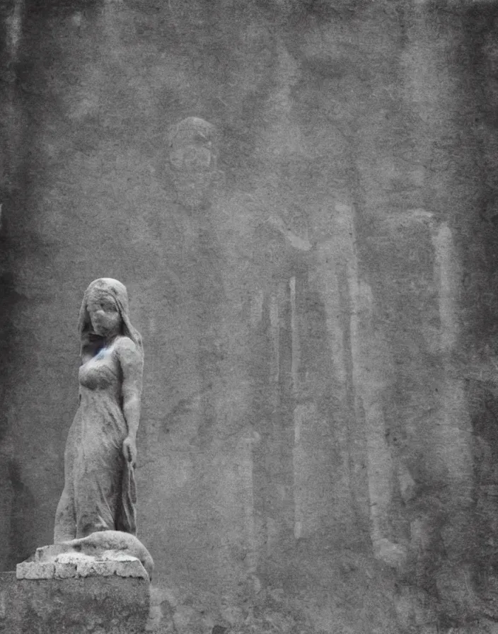 Prompt: an old soviet brutalism style statue of women, in a dirty soviet town, ultra - wide angle, environmental, cinematic, fog, vapor, noise, old photograph style, art of masao yamamoto, daguerreotype, surface scratched, noisy, dusty, soft film noise b