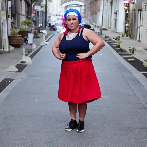 Prompt: a plump woman wearing a bandana and a skirt taking a photograph on sidewalk