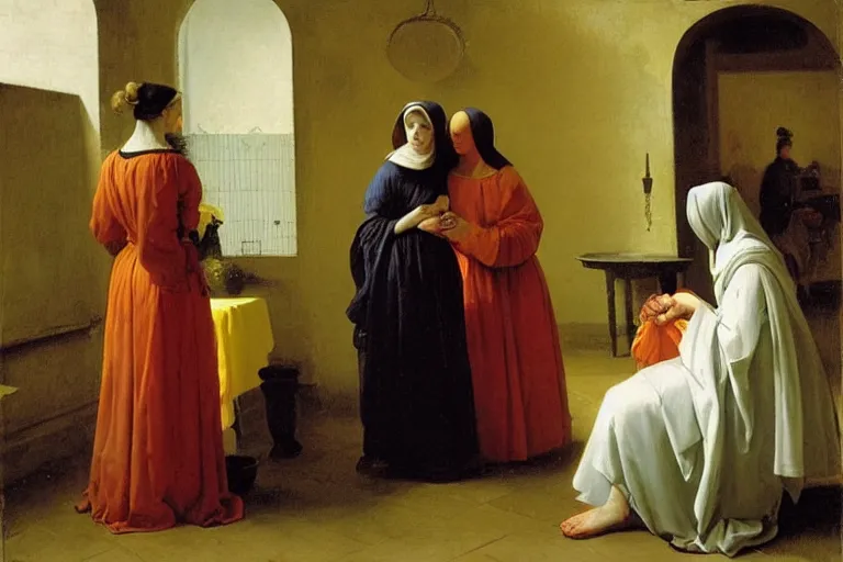 Prompt: 3 women mourning, pieter de hooch, ary scheffer