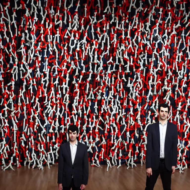 Image similar to focused dslr medium shot photograph of nathan fielder standing in front of hundreds of nathan fielder puppets on strings from nathan for you on comedy central filmed by a tv crew on a stage with a red curtain, meta, fractal, trippy, high detail!!! 8 k!!!!, photorealism!!!, sharp focus!!! coherent!!!