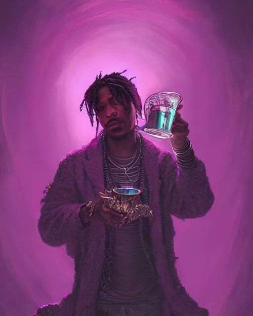 Image similar to future the rapper holding cup of codeine, purple liquid in cup glowing, fantasy, dramatic, intricate, elegant, highly detailed, digital painting, artstation, concept art, smooth, sharp focus, illustration, art by Gustave Dore, octane render