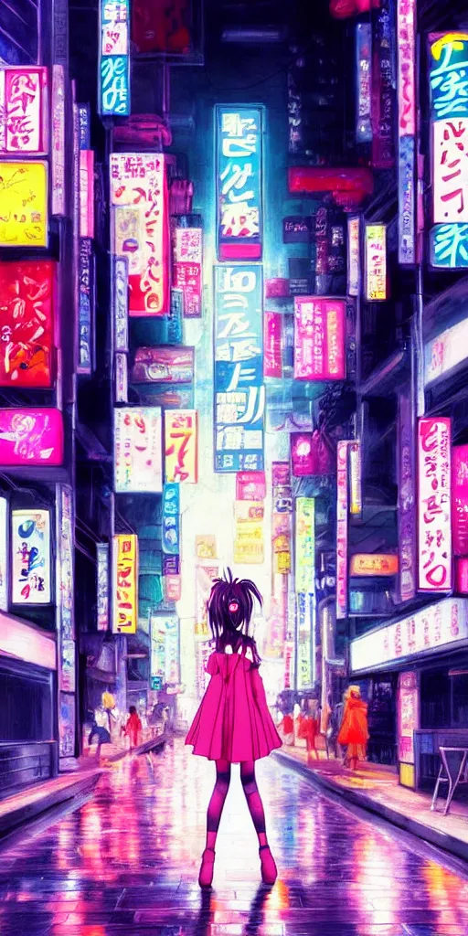 Image similar to a realistic painting of an anime girl crossing a crowded street at night in the city of tokyo. Gorgeous colors and neon light. .