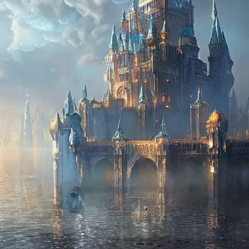 Prompt: a beautiful fantasy castle made from white stone and bright copper, medieval city submerged in water, metropolis, magic, tall towers, gorgeous clouds, white marble, god rays, digital art, fantasy art, octane render, unreal engine, high detail, very realistic, by greg rutkowski, by james gurney