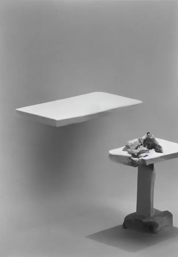 Image similar to a white object with writing on it sitting on a table, a surrealist sculpture by marcel duchamp, archival pigment print, 1 9 1 4, conceptual art, artwork, academic art, surrealist