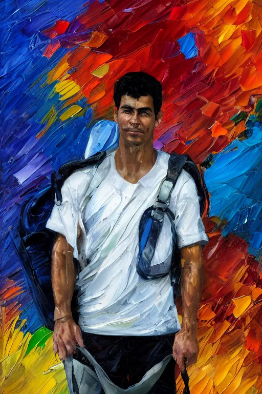 Image similar to palette knife oil painting portrait of juan delamar, a lean, dark haired young man of below average height, carrying a duffel bag with swin gear. blank, quiet, numb, extreme detail, artstation trending, artgerm, any racial background, deviant art, octane, substance, art history 8 k