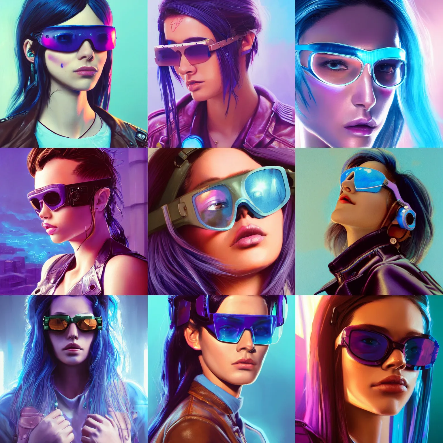 Image similar to very detailed masterpiece closeup painting of a very beautiful young mexican cyberpunk woman with light blue shutter shades, one side haircut, long brown hair with light blue ends, purple leather jacket, beauty mark on cheek, portrait, synthwave background, artstation, concept art by greg rutkowski