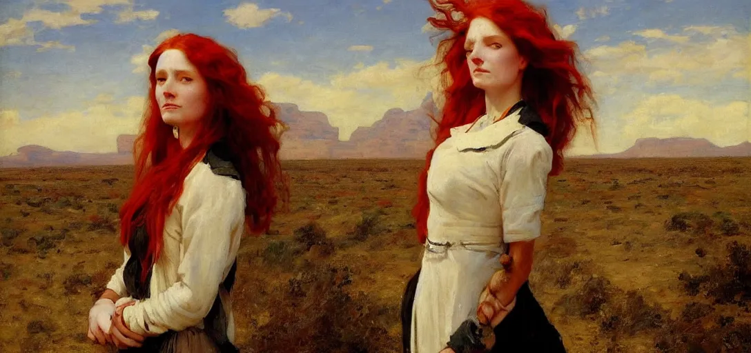 Prompt: portrait of a nurse with long red hair green eyes, blazing sun, in a huge desert, fantasy by emile friant