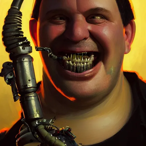 Image similar to closeup portrait of an overweight barkeeper with a prosthetic robot arm, decayed teeth, ratz, neuromancer, bar background, painted by greg rutkowski, painted by igor kieryluk, high detail, dramatic light, digital art, trending on artstation