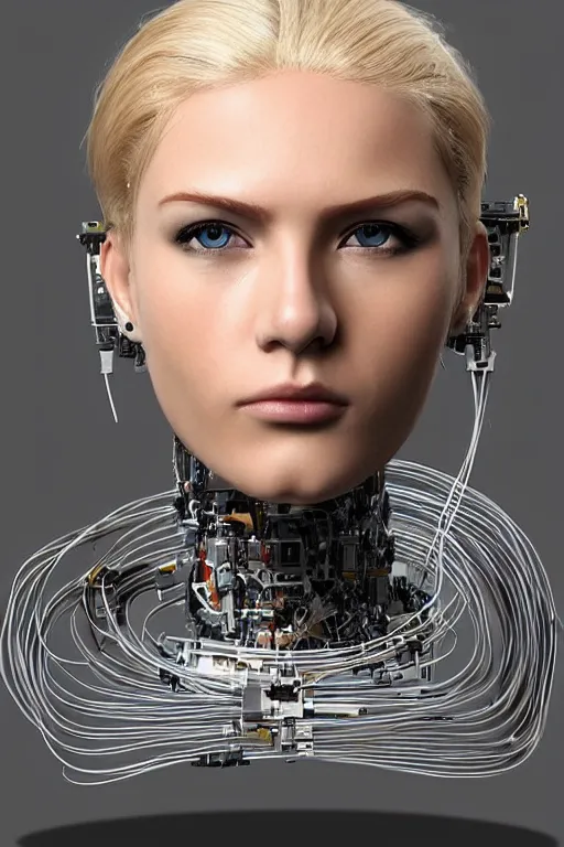 Image similar to robot with human face, female head, full body angle, woman human face, human face realistic, beautiful blonde hair, human head, human head with blonde hair, blonde hair human head, blonde hair, human realistic face, human head skin, cyborg frame concept, cyborg by ales-kotnik, sci-fi android female, the body is made of wires, robotic body, cyborg body, cyborg bust body, robot body cyborg, full body