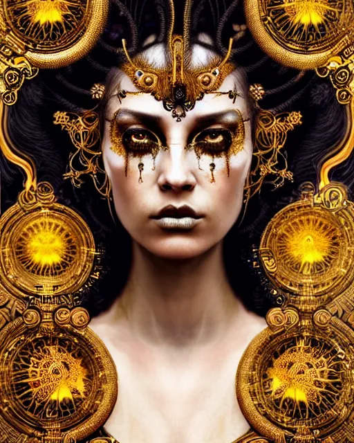 Image similar to hyperrealistic detailed portrait of a beautiful dark goddess in an intricate golden ornamental ritual headdress, intricate cyberpunk make - up, golden face tattoos, insane details, art by ernst haeckel, nekro borja, android jones, alphonso mucha, gothic - cyberpunk, beautiful deep colours,