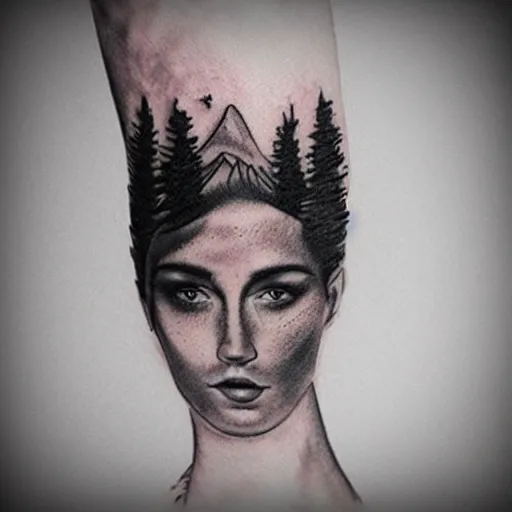 Image similar to realistic tattoo sketch of a beautiful woman face double exposure with amazing mountain scenery