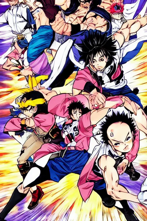 Image similar to manga cover of two characters fighting as a shounen jump cover, art by hirohiko araki, japanese comic book, art by keisuke itagaki, modern fashion outfit, dynamic poses, action poses, muscular characters