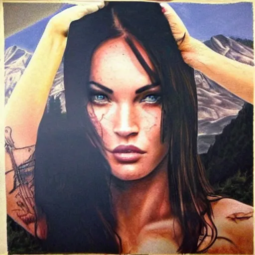 Prompt: realistic tattoo sketch of megan fox face double exposure with a mountain scenery, in the style of matteo pasqualin, amazing detail, sharp