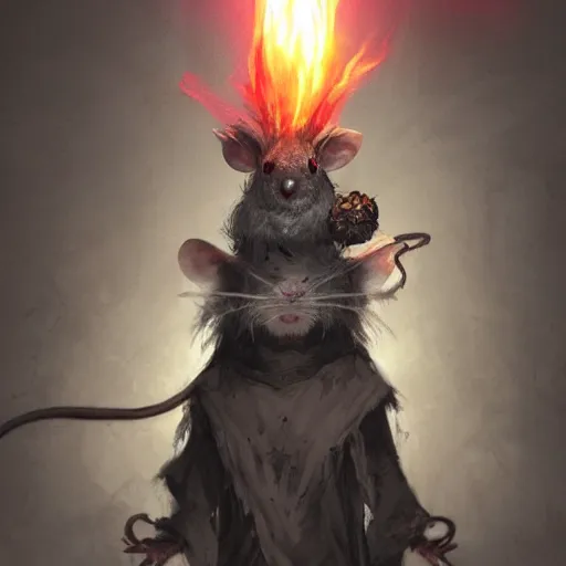 Image similar to photo of a ghostly rat with glowing red eyes, wearing tattered black burlap robes, floating in mist, clutching a blue flame in each hand, anthropomorphic rat, dark sorcerer, dark sorcery, black magick shaman, skaven, master splinter, nicodemus, photorealistic, artstation