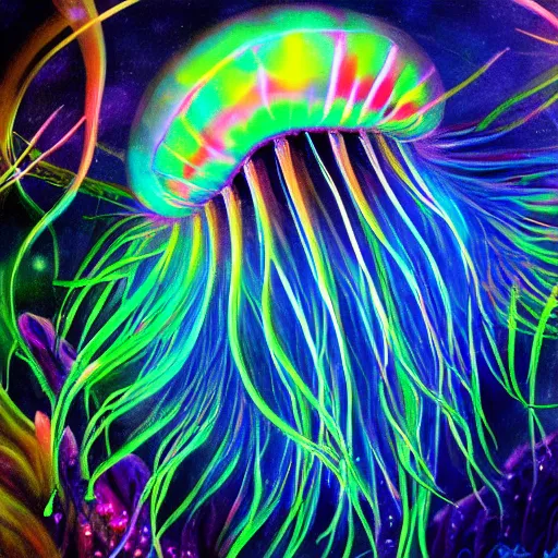 Image similar to beautiful iridescent jellyfish creature in magical realism luminescent airbrush underwater mystical world detailed painting 4 k