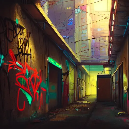 Image similar to graffiti on a wall in a run down building, happy mood, cyberpunk, futuristic, neon, high detail, golden light, realistic