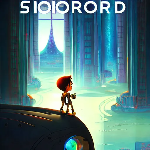 Prompt: film poster, novel cover art for a book, an adventurous boy and his small robot friend, futuristic city backgrond, eleborate composition with foreground and background, depth of field, fantasy illustration by kyoto studio, don bluth!!!, square enix, cinematic lighting