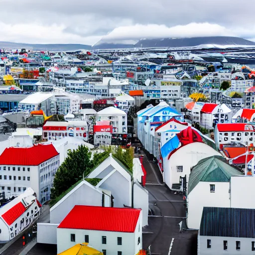 Image similar to standing at the top of hallgrimskirkja, looking out over reykjavik, colorful rooftops and city roads below, mountains in the distance