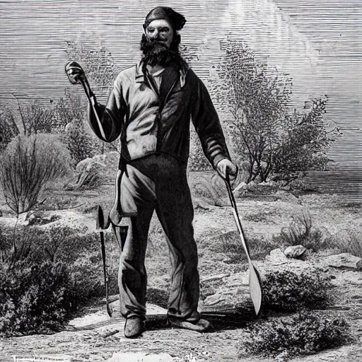 Prompt: 19th century scruffy american trapper, standing next to desert oasis with a canoe, on mars, pulp science fiction illustration