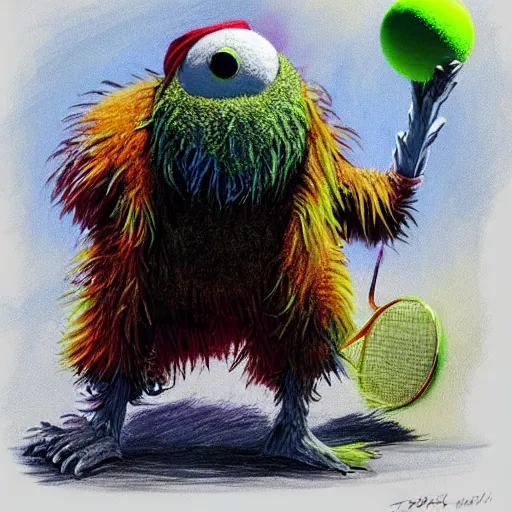 Prompt: a tennis ball monster ,tennis ball,abominable snow man ,chalk digital art, fantasy, magic, trending on artstation, ultra detailed, professional illustration by Basil Gogos