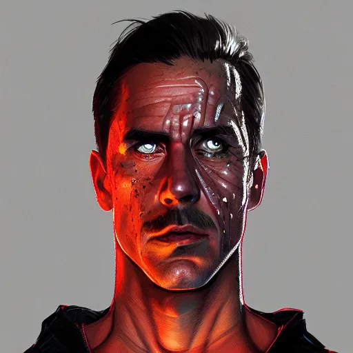 Image similar to Portrait of an Anthony Kiedis Terminator, half of his face looks like the Terminator without skin, mattepainting concept Blizzard pixar maya engine on stylized background splash comics global illumination lighting artstation lois van baarle, ilya kuvshinov, rossdraws