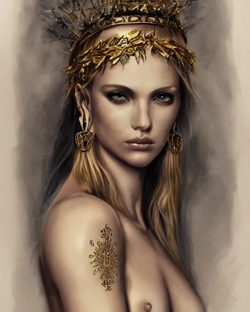 Image similar to tattoo sketch of blonde super model aphrodite greek goddess wearing a gold laurel wreath and triangle earrings, beautiful piercing gaze with sharp pupils, in the style of greg rutkowski, fantasy, amazing detail, epic, elegant, smooth, sharp focus, front view